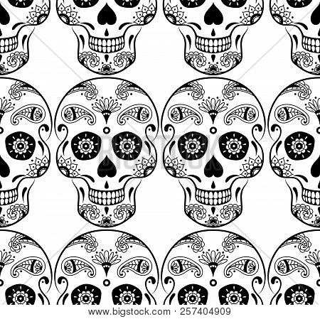 Vector Seamless Pattern Of Black Sugar Skull With Doodle Floral Pattern On White Background. Colorin