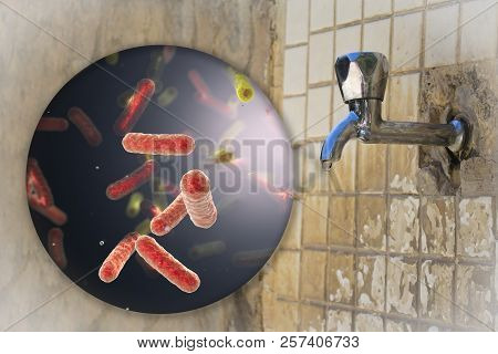 Safety Of Drinking Water Concept, 3d Illustration Showing Bacteria Contaminated Drinking Water