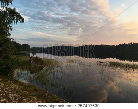 Beautiful Sunset On The Lake, Karelian Nature, Stone Shore, Reeds In The Water, Coniferous Shore On 