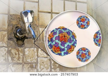 Safety Of Drinking Water Concept, 3d Illustration Showing Hepatitis A Viruses Contaminating Drinking