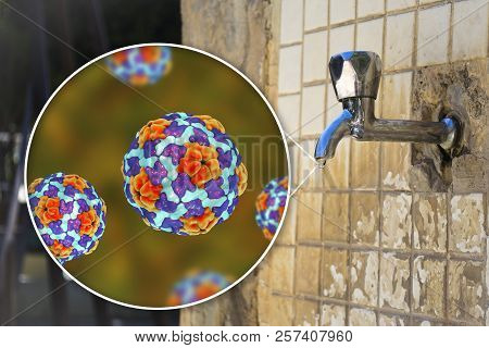 Safety Of Drinking Water Concept, 3d Illustration Showing Hepatitis A Viruses Contaminating Drinking