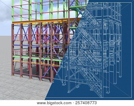 3D Rendering. Bim Model Of A Building Made Of Metal Structure. 3D Architectural, Construction, Indus
