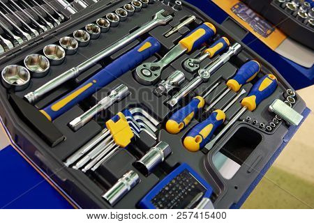 Tool Kit Socket Wrenches In Plastic Box Closeup