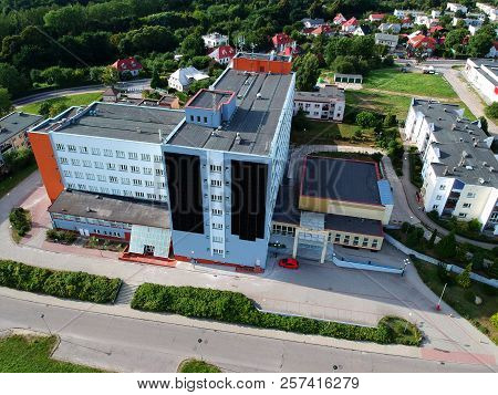KOSZALIN, POLAND - 10 AUGUST 2018 - Aerial view on Politechnika Koszalin study building in city Koszalin, area of Kwiatkowskiego street