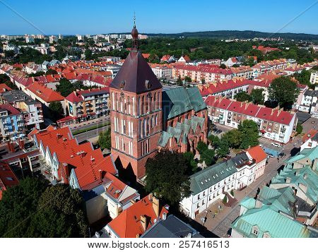 KOSZALIN, POLAND - 03 AUGUST 2018 - Aerial view on city Koszalin, area of gothic Cathedral and city center