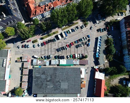 KOSZALIN, POLAND - 03 AUGUST 2018 - Aerial view on city Koszalin, area of Manhattan parking in city center