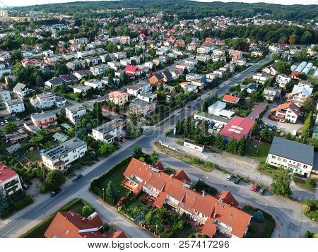 KOSZALIN, POLAND - 10 AUGUST 2018 - Aerial view on city Koszalin, area of Rokosowo estate