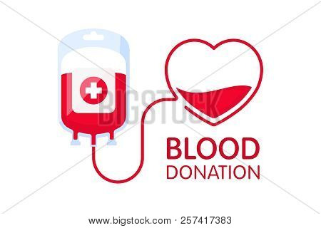Donate Blood Concept With Blood Bag And Heart. Blood Donation Vector Illustration. World Blood Donor