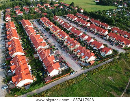 KOSZALIN, POLAND - 10 AUGUST 2018 - Aerial view on city Koszalin, area of Rokosowo estate, new housing