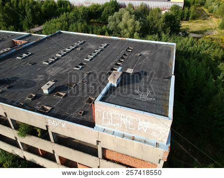 KOSZALIN, POLAND - 10 AUGUST 2018 - Aerial view on Koszalin's city old unfinished hospital, area of Lesna street