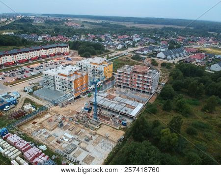 KOSZALIN, POLAND - 07 SEPTEMBER 2018 - Aerial view on Koszalin's city estate Unia Europejska with new social flat during construction