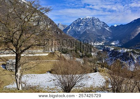 The Winter Landscape Around The Small Hill Village Of Casso In Friuli Venezia Giulia, North East Ita