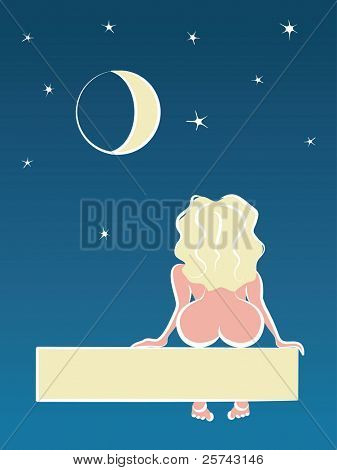 Valentin Postkarte mit nackte Frau, starrte auf die Sterne. Vector Illustration mit einem Platz für yo