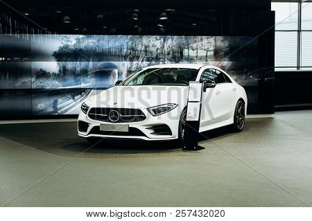 Berlin, August 29, 2018: The New White Mercedes-benz Cls. Exhibition And Sale Of New Cars In The Off