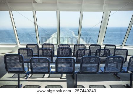 Nanaimo, Bc, Canada - May 27, 2017: Outdoor Seats And Eastward View Of Clear Blue Sky And Strait Of 