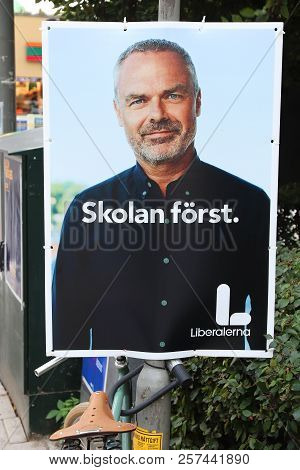 Stockholm, Sweden - August 22, 2018: Liberals (liberalerna) Political Poster Before Swedish General 