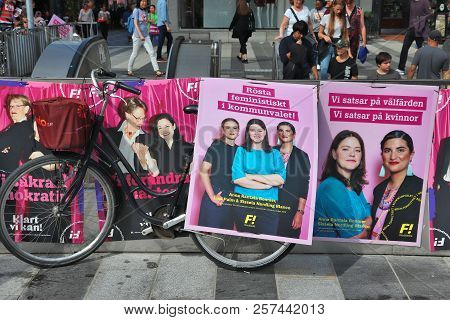 Stockholm, Sweden - August 23, 2018: Feminist Initiative (fi Feministiskt Initiativ) Political Poste