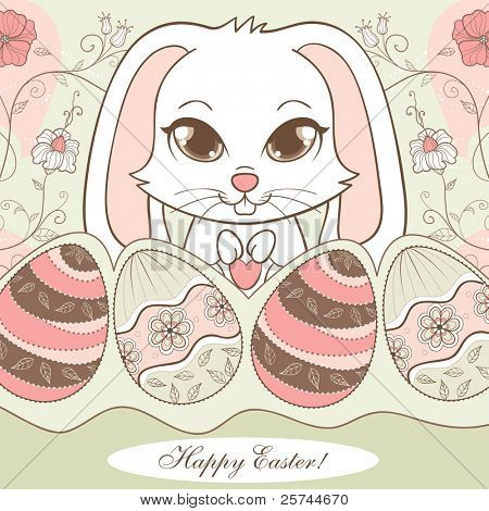 diseño de Pascua con huevos bellamente decoradas y un conejito blanco sentado en flores, vector