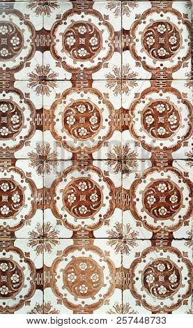 Mosaic Tiles, Portugal Azulejo Classic And Traditional. Brown Patterned Wall, Medieval Ceramics Tile