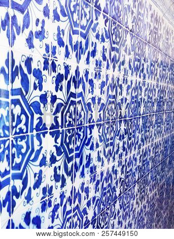 Mosaic Tiles, Portugal Azulejo Classic And Traditional. Blue Patterned Wall, Medieval Ceramics Tile,