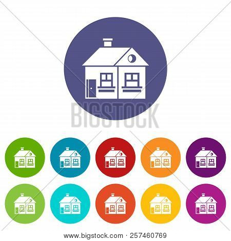 Large Single-storey House Set Icons In Different Colors Isolated On White Background