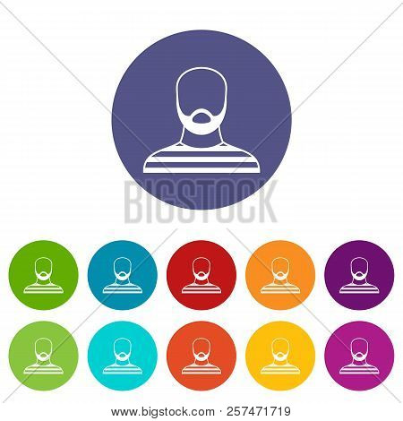 Bearded Man In Prison Garb Set Icons In Different Colors Isolated On White Background