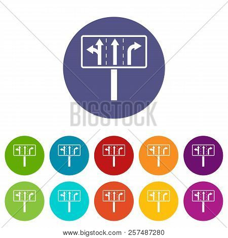 Traffic Lanes At Crossroads Junction Set Icons In Different Colors Isolated On White Background