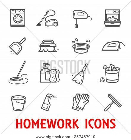 Household And Homework Thin Line Icons For Home Cleaning And Washing. Vector Set Of Mop, Vacuum Clea