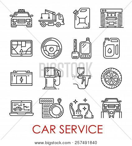 Car Service Thin Line Art Icons. Vector Isolated Set Of Taxi Car, Wrecker Truck Or Petrol Canister A