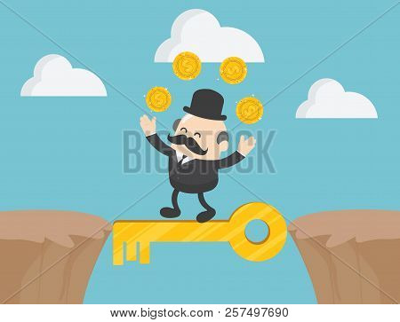 Concept Vector Illustration, The Boss Businessman Walking Between Cliffs With Magic Keys.and Money H