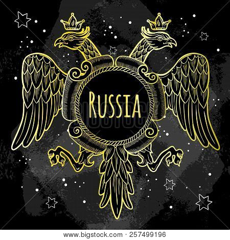 Coats Of Arms Of The Russian Empire. Golden Crowned Double-headed Eagles Over The Blackboard. Hand-d