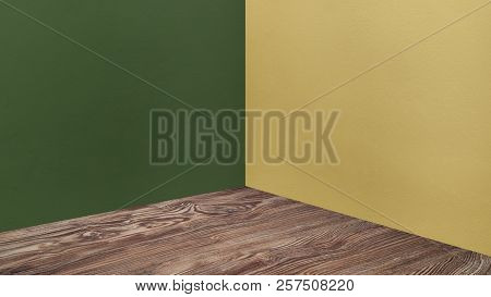 Empty Corner Green And Yellow Concrete Wall And Wooden Floor Perspective Room,modern Style Room,mock