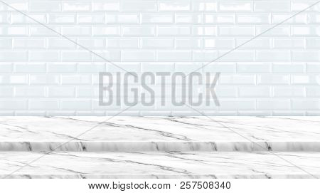 Empty Setp Marble Marble Table Top With White Ceramic Tile Wall Background,mock Up Banner Ads For Di