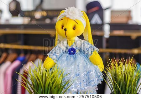 Handmade Doll Bunny In Blue Dress Full-length