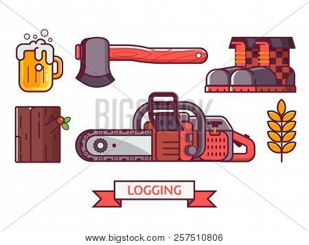 Forestry And Tree Surgeon Icon Set With Lumberjack Lifestyle Equipment And Items. Chainsaw, Woodcutt