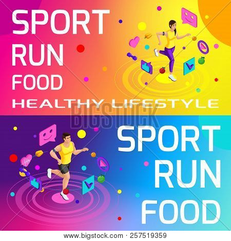 Isometry Bright Colorful Banners On The Theme Of Sport, Healthy Eating, Healthy Lifestyle. Running, 