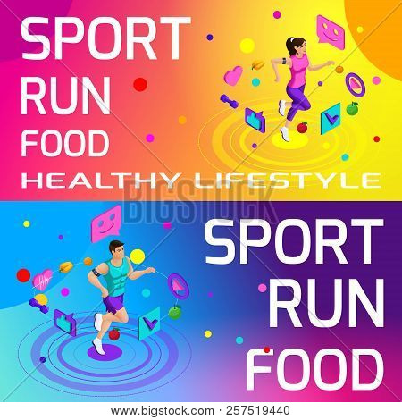 Isometry Bright Colorful Banners On The Theme Of Sport, Healthy Eating, Healthy Lifestyle. Running, 