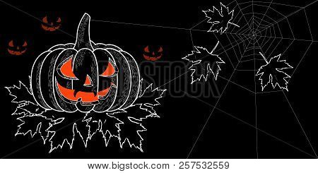 Halloween. 31 October. The Concept Of A Holiday. A Pumpkin With A Carved Terrible Face, Autumn Leave