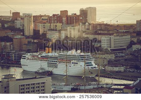 Vladivostok, Russia - September 9, 2018: Cruise Ship Costa Neoromantica In The Background Of The Urb