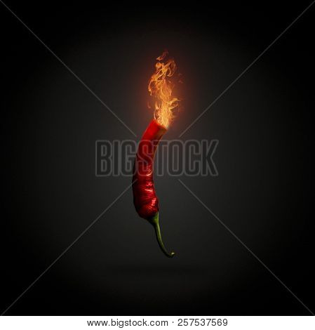 Red Hot Chili Pepper With Fire Coming Out Of It. Dark Black Back