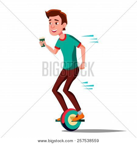 Teen Boy On Hoverboard Vector. Riding On Gyro Scooter. One-wheel Electric Self-balancing Scooter. Po