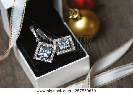 Silver Earrings With Fianits In White Gift Box. Gift For Christmas.