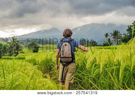 Young Man Traveler On Beautiful Jatiluwih Rice Terraces Against The Background Of Famous Volcanoes I