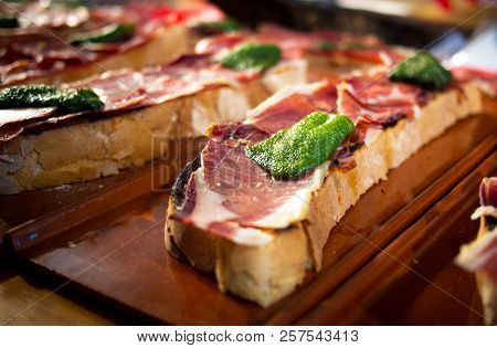 Brushetta Or Authentic Traditional Spanish Tapas Set For Lunch Table
