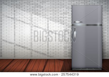 Laundry Room Interior With Modern Fridge Freezer On Brick Wall Background With Sun Light. The Concep