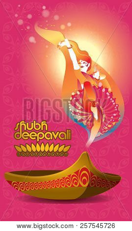 Vector For Deepavali Or Diwali, With A Dancing Woman, Oil Lamp And Deepavali Greetings.