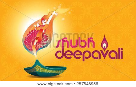 Vector For Deepavali Or Diwali, With A Dancing Woman, Oil Lamp And Deepavali Greetings.