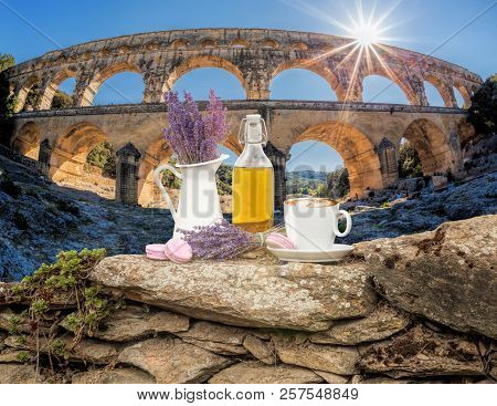 Still Life With Lavender Flower And Cup Of Coffee In Provence, France