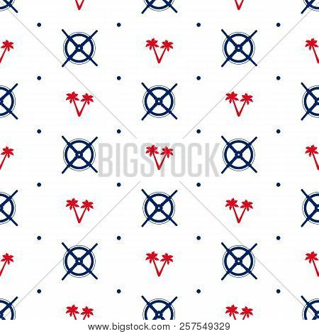 Seamless Pattern With The Steering Wheel Of The Ship And Palm Tree On The White Background. Vector I