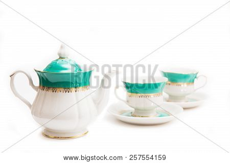 Set Of Dishes On White Background. Cups And Kettle. Indian Set.